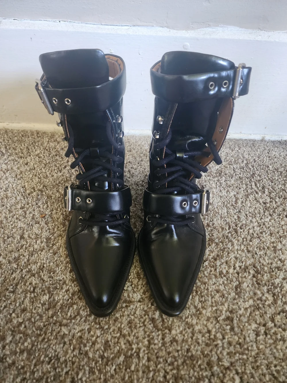 Chloe Rylee Black Buckle Lace-Up Pointed Ankle Boots